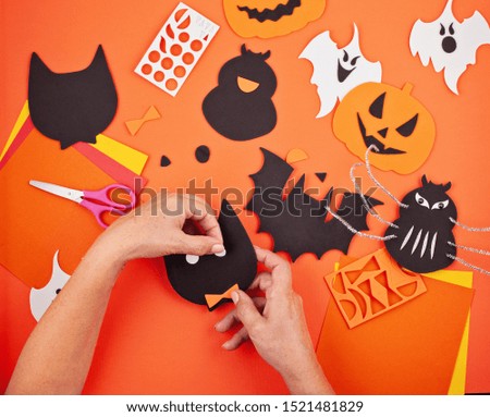 Flat lay of DIY accessories for halloween decoration. Happy Halloween festival background concept. 