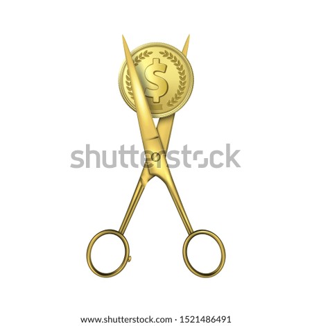 Vector 3d Realistic Silver Metal Dollar with Scissors utting a oin Icon Closeup Isolated on White Background. Sale Banner with Percent Discount, Exchange Currency Rate. Financial, Business Concept