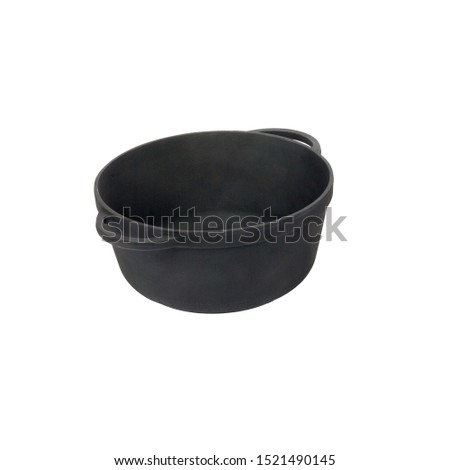 empty black iron cast cauldron, cast iron black pot, kettle cookware, isolated on perfect white background, stock photography  