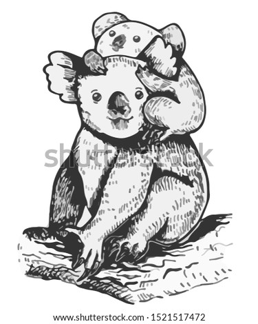 Mother koala with cute little baby in gray scale illustration. 