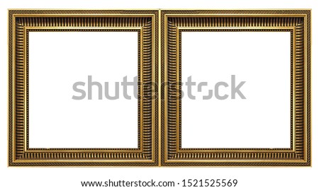 Double golden frame (diptych) for paintings, mirrors or photos isolated on white background