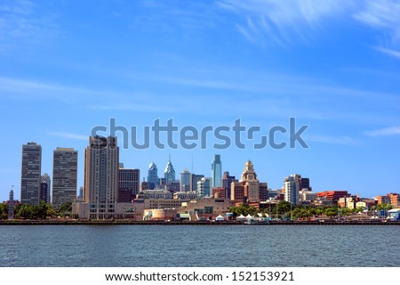 Downtown Philadelphia Pennsylvania Center and Old City scenic cityscape with skyscraper buildings and historic landmarks in a skyline over the Delaware River
