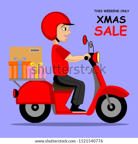 Delivery Boy Ride Scooter Motorcycle, Side view with Shopping Service Icons