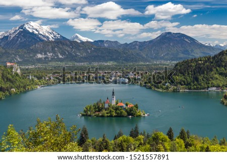 Island with church on lake in Bled city, Slovenia, Triglav National Park