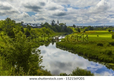 An aerial shot of a boat sailing on a river in the middle of a grassy field with trees under a cloudy sky