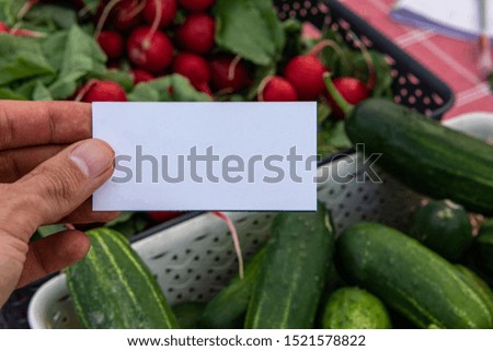 Organic produce at a farmer's market. A blank white display sign is seen up close in the hand of a person, held above fresh green vegetables displayed during a local fair for home growers.