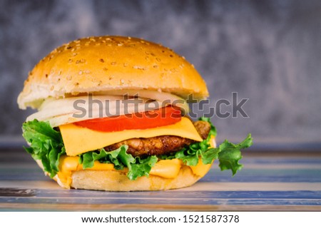 Hamburger with double meat, tomato, cheese, onion and lettuce.