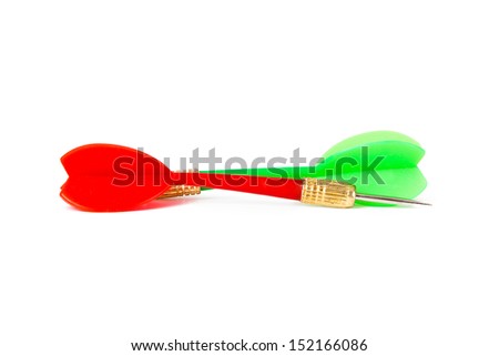 Plastic red and green dart arrows, isolated on white background.