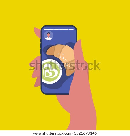 Social media content about food, a top view of matcha green tea and croissant