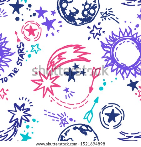 Seamless pattern with sketch style suns, comets, stars and planets on white background, vector illustration