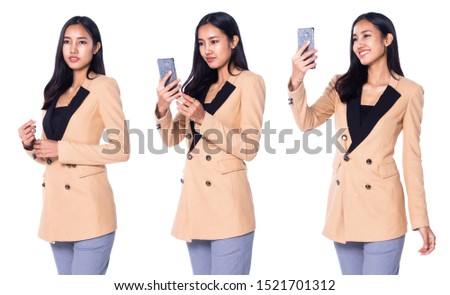 Portrait half body 20s 30s Asian Business Woman Stand in cream Formal proper Suit pants and high heel shoes, studio lighting white background isolated, collage group pack hold smart phone check chat
