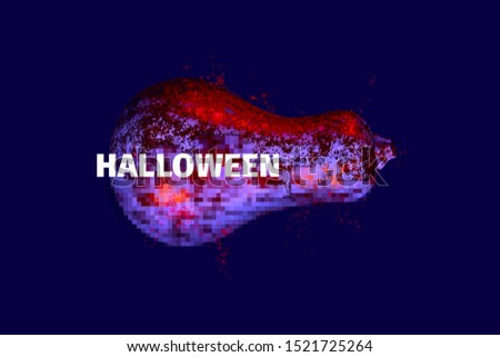 Creative poster for Halloween party at club with glamorous violet, red pumpkin with glitter violet background. Spooky and creep Halloween holiday concpet poster. Minimalistic