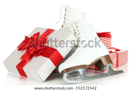 Figure skates in gift box isolated on white