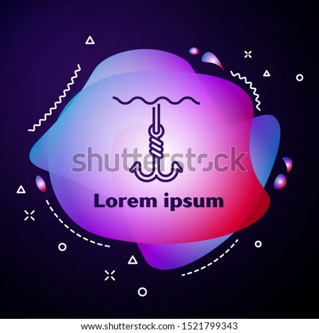 Purple line Fishing hook under water icon isolated on dark blue background. Fishing tackle. Abstract banner with liquid shapes. Vector Illustration