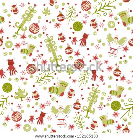 Seamless pattern with cute cartoon Christmas mittens, candy cane, smiling angel and red stocking with xmas tree
