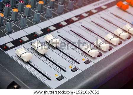 Close up of Sound controller or multi chanel sound mixer. copy space and background.
