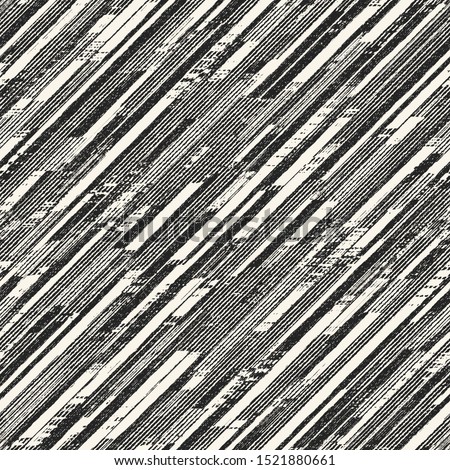 Monochrome Grain Stroke Textured Broken Diagonal Stripes. Seamless Pattern.
