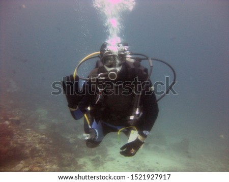 A wide shot of a scuba diver wearing diving suit, fins and equipment swimming underwater