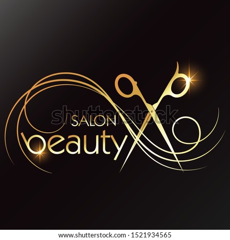Scissors and a golden curl of hair for a beauty salon and hairdresser unique design