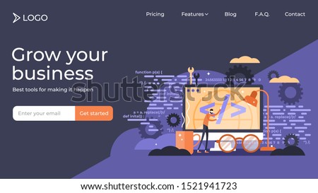 Programming tiny persons vector illustration landing page template design. Application, software or web page coding process. Interface development with task algorithm source and executable designing.