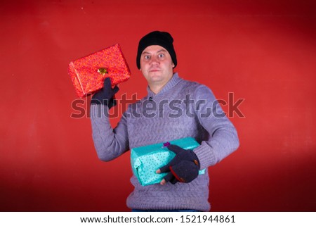 man with christmas presents different poses happy isolated
