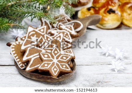 Christmas cookies on wooden tray. Selective focus