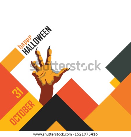 Happy Halloween Greeting Card or Banner for October Event with Orange Black theme and Scary Zombie Hand.