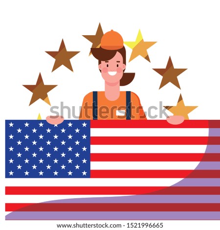 happy labor day - seller woman flag gold stars vector illustration