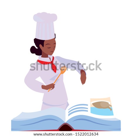 chef woman preparation pot recipe book fork cooking vector illustration