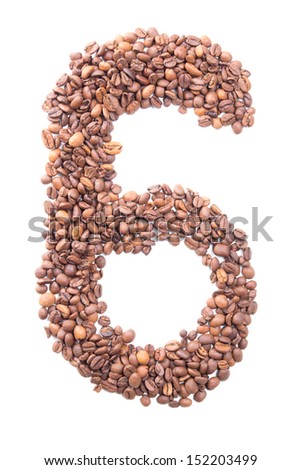 number 6 from coffee beans isolated on white background