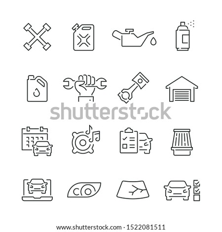 Car service related icons: thin vector icon set, black and white kit