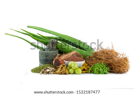 Indian ayurveda hair oil making ingredients isolated in white background Royalty-Free Stock Photo #1522187477