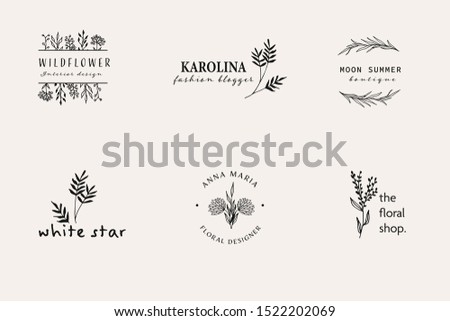 Collection of Premade Hand Drawn Logo with Wild Flower and Leaves. Logo for spa and beauty salon, boutique, organic shop, wedding, floral designer, interior, photography, cosmetic. Floral element