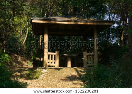 A gazebo near a small trail in a small forest. Picture taken during early autumn in Japan.