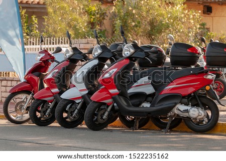 Parking for rental and sale of mopeds, scooters Royalty-Free Stock Photo #1522235162