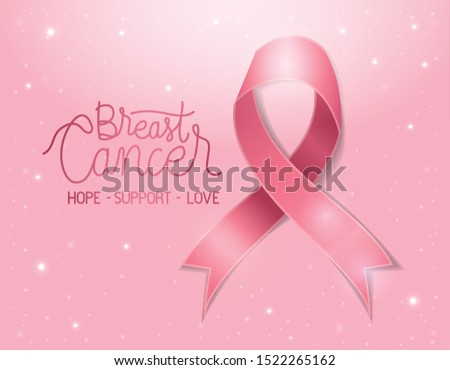 Breast cancer lettering design and pink ribbon icon over colorful glowing pink background, vector illustration