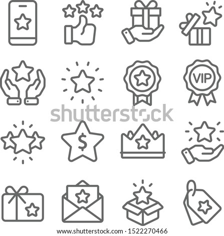 Loyalty Program icons set vector illustration. Contains such icon as VIP, Benefit, Voucher, Exclusive, Badge, Winner and more. Expanded Stroke Royalty-Free Stock Photo #1522270466