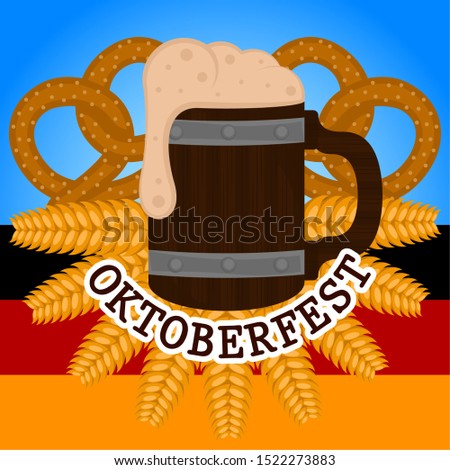 Oktoberfest poster with a beer wooden mug, pretzels and wheats - Vector illustration