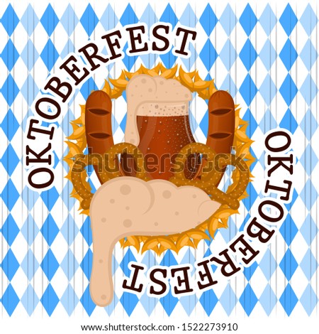 Oktoberfest poster with a neer glass, pretzels and sausages - Vector illustration