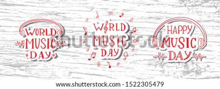 Set of three lettering composition for Music World festival. Can be used for banner, flyer, wallpaper, invitation concept, live music concert or event. Happy World Music Day vector clip-art on wood.