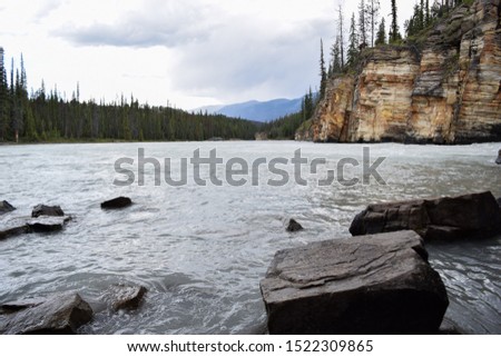 Athabasca Falls and River in Alberta, Canada; Lower Canyon and Valley