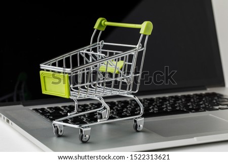 Online shopping and e-Commerce. Basket and laptop on white background
