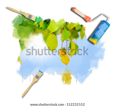 Hand painting Green branch of a tree with leaf in the background sunny sky
