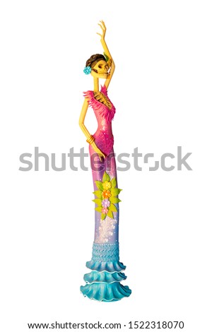 Beautiful detail of a Catrina. Day of the dead handicraft in white background