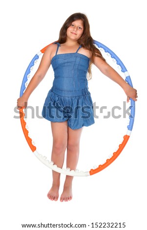 Little girl with hula hoop, on white background.
