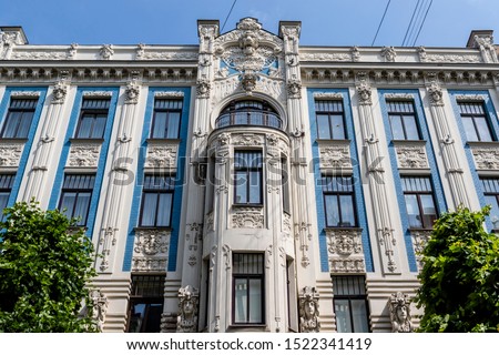 Facade of art nouveau building in the Alberta Street in Riga, Latvia Royalty-Free Stock Photo #1522341419