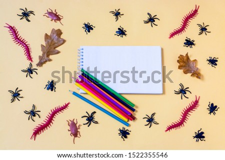 Insects crawling around a piece of paper and pencils