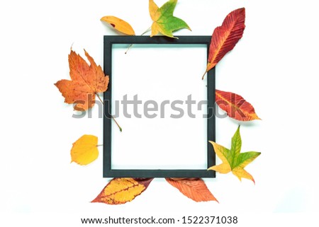 Black frame and yellow leaves on white background. Thanksgiving concept. Top view, flat lay, copy space.