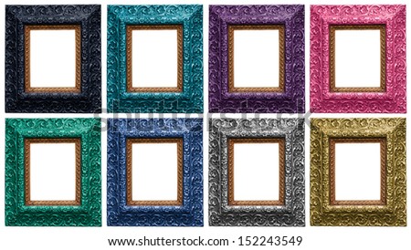 Golden, Silver, Pink, Green, Purple, Turquoise, Graphite, Blue Antique Carved Picture Frames Isolated On White
