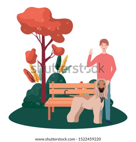 young man with cute dog mascot in the park vector illustration design